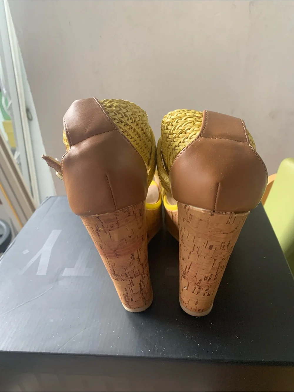 Woven Yellow Platform Wedge Sandals - Women, size 8